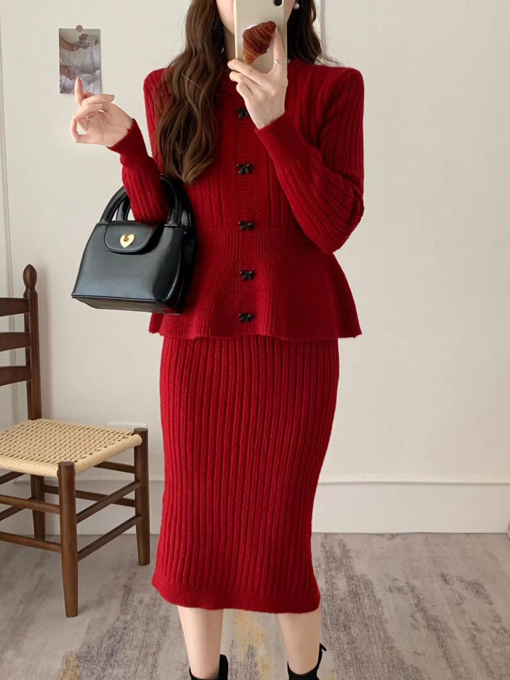 Damen Strickensemble mit elegantem Rock und feiner Knopfdetails Drune
