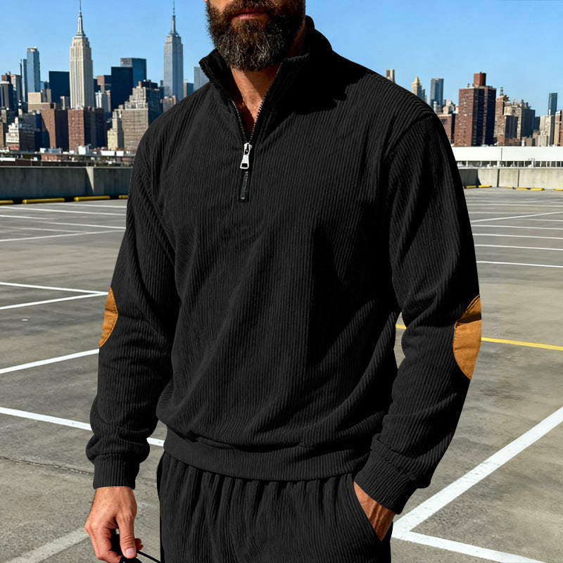 Herren Cord-Struktur-Halbzip-Pullover im Relaxed-Fit mit Stehkragen und Ellbogen-Patch Drune