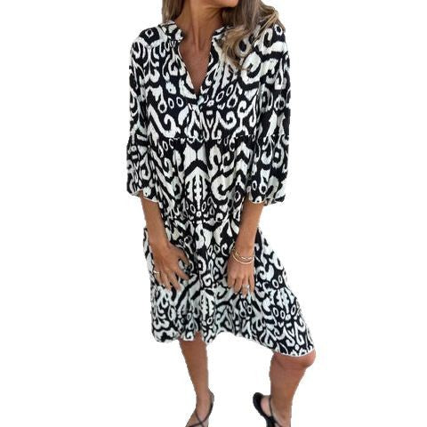 Damen lässiges Kleid mit V-Ausschnitt und dekorativem Muster Drune