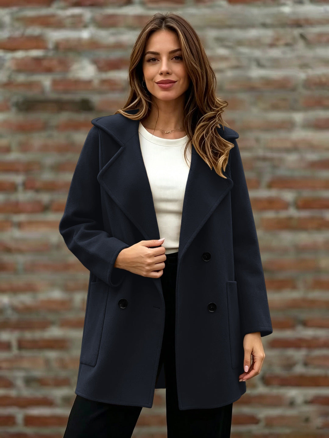 Damen Doppelreihiger Wollmantel mit Oversize-Revers Drune