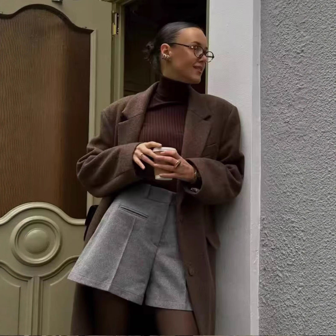 Damen Langer Wollmix-Mantel mit Reverskragen und Pattentaschen Drune