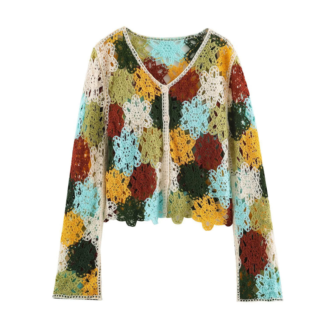 Damen Leichter Häkel-Cardigan mit floralen Häkelmotiven und Knopfleiste Drune