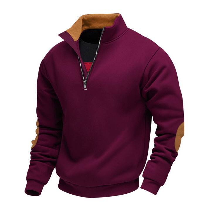Herren nan Sweatshirt mit Halb-Reißverschluss, Stehkragen und Wildleder-Ellenbogenbesatz Drune