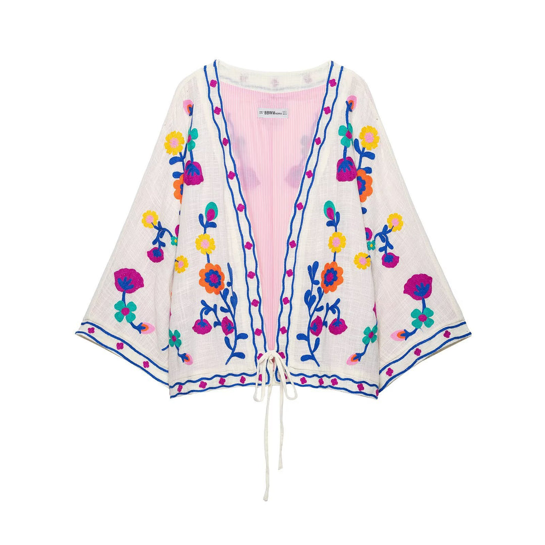 Damen Bestickter Kimono-Blouson mit Tunnelzug und floraler Stickerei Drune