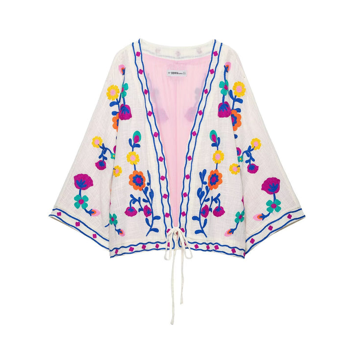 Damen Bestickter Kimono-Blouson mit Tunnelzug und floraler Stickerei Drune