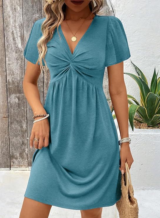 Damen lässiges Wickelkleid mit V-Ausschnitt und kurzen Ärmeln Drune
