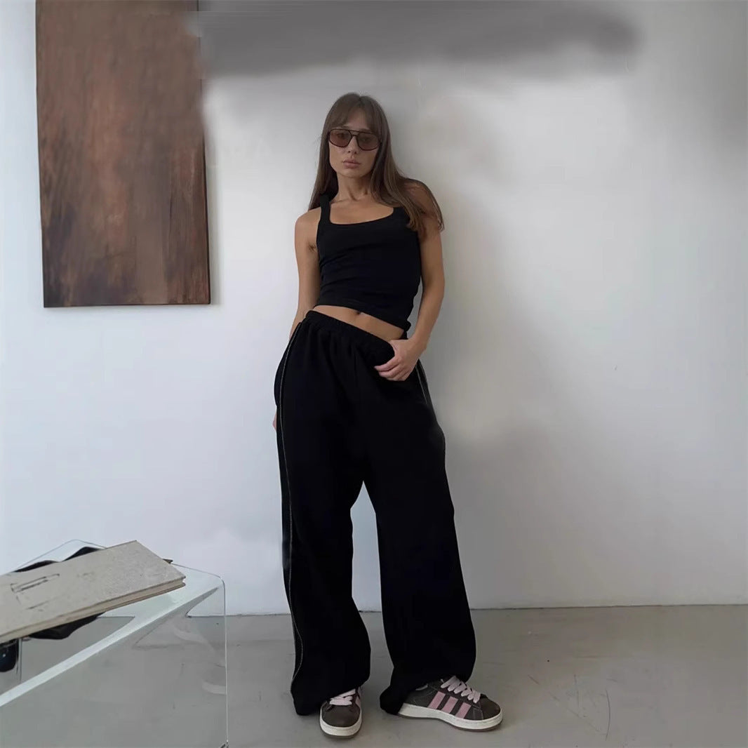 Damen locker sitzende High-Waist Sweatpants mit weitem Bein und elastischem Bund Drune