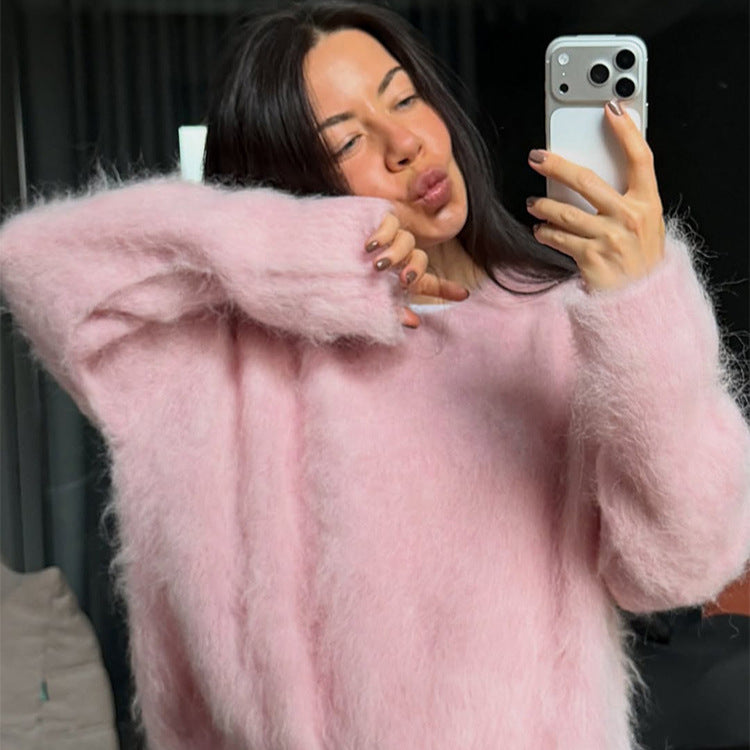 Damen Oversized Mohairpullover mit flauschiger Textur und Rundhalsausschnitt Drune