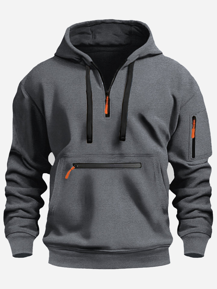 Herren Kapuzenpullover mit Halbzip, Kängurutasche und verdeckten Reißverschlüssen Drune