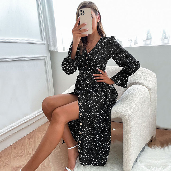 Damen Midi-Kleid mit V-Ausschnitt, Knopfleiste und geraffter Taillennaht Drune