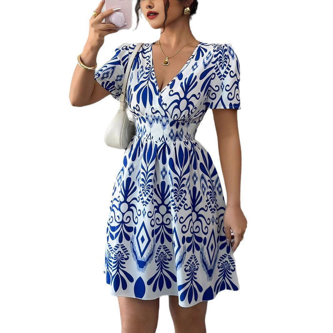 Damen Sommerliches Mini-Kleid mit elegantem V-Ausschnitt und floralen Mustern Drune