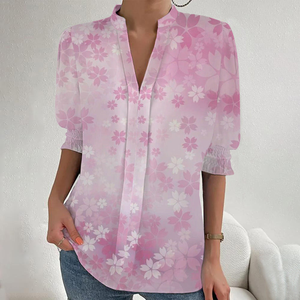 Damen Blumenprint Tunika-Bluse mit Stehkragen, geschlitzter V‑Blende und gerafften 3/4-Ärmeln Drune