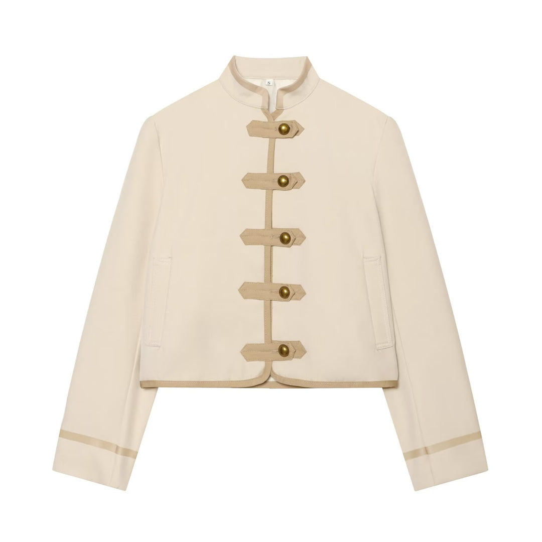 Damen Kurze taillierte Jacke mit Mandarinkragen und dekorativen Laschen Drune