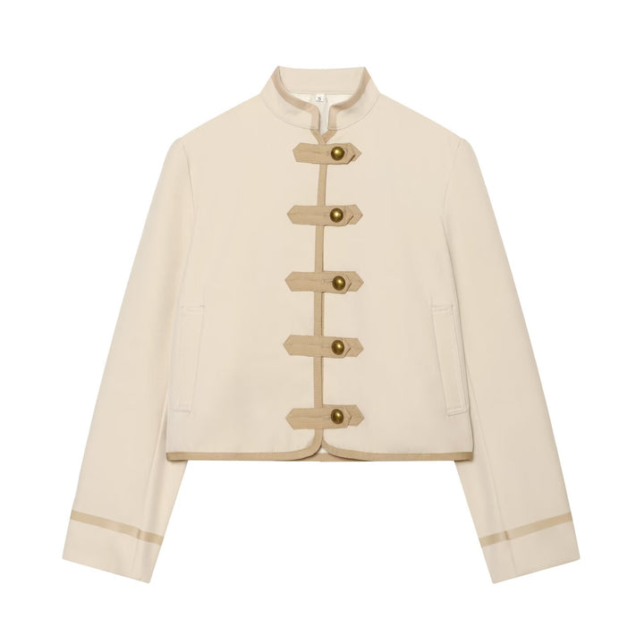 Damen Kurze taillierte Jacke mit Mandarinkragen und dekorativen Laschen Drune