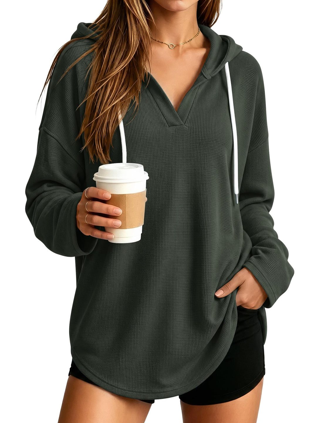 Damen Lässiger Kapuzenpullover mit Waffelstruktur Drune