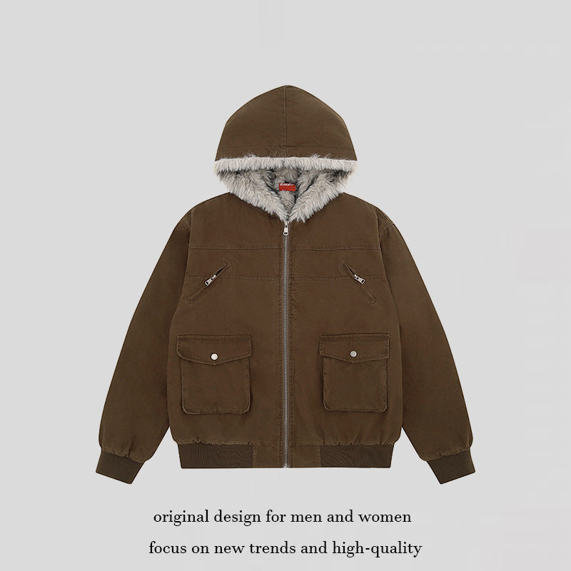 Damen wattierte Kapuzenjacke mit kunstfellfutter, Cargo‑Taschen und elastischen Bündchen Drune