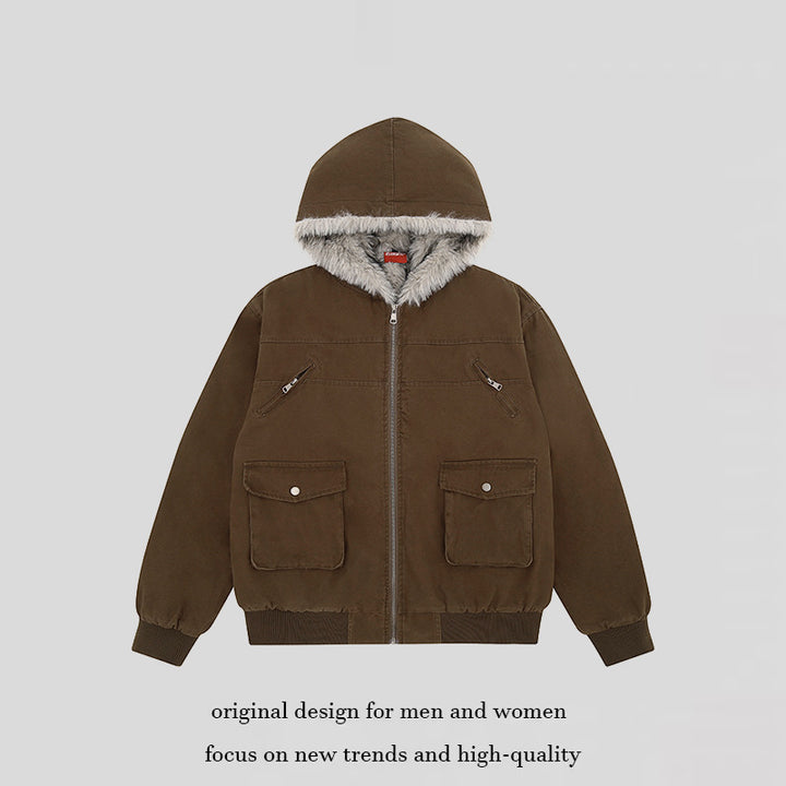 Damen wattierte Kapuzenjacke mit kunstfellfutter, Cargo‑Taschen und elastischen Bündchen Drune