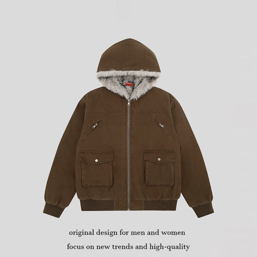 Damen wattierte Kapuzenjacke mit kunstfellfutter, Cargo‑Taschen und elastischen Bündchen Drune