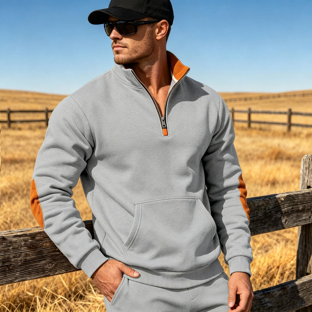 Herren Athletisches Halbzip-Sweatshirt mit Ellenbogenpatches und Kängurutasche Drune