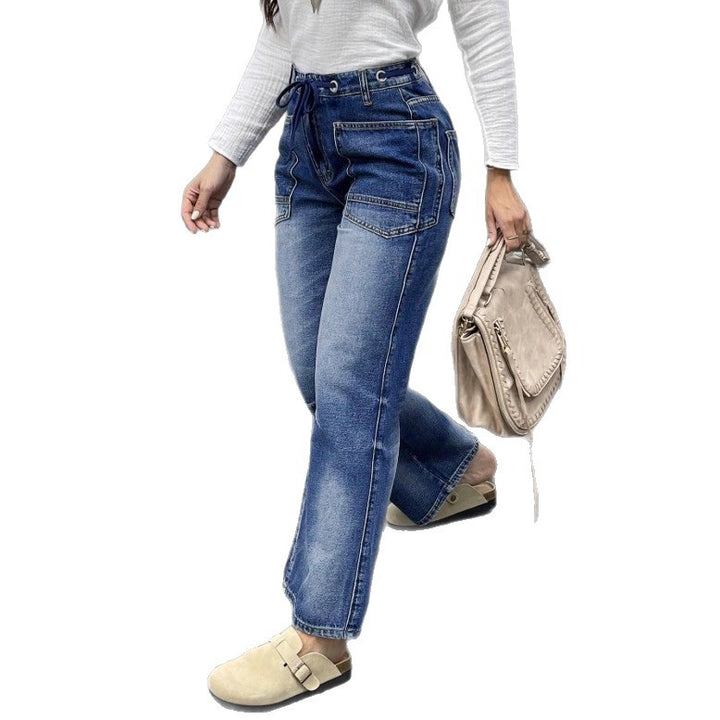 Damen Hochtaillierte Jeans mit geradem Bein, Tunnelzugbund und aufgesetzten Taschen Drune