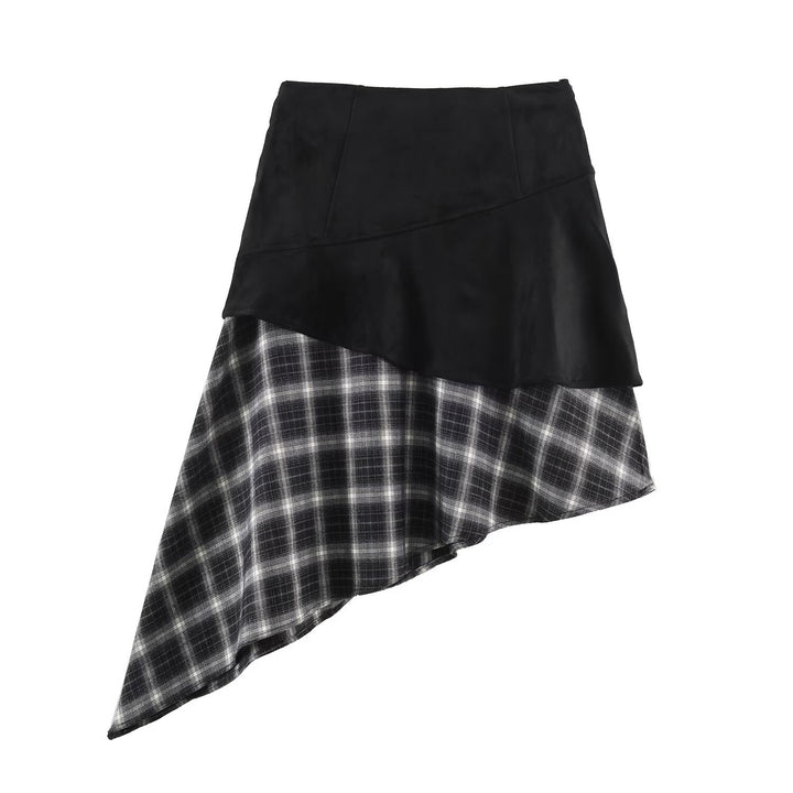 Damen Asymmetrischer Lagenrock mit Kunstleder-Oberschürze und kariertem Chiffon-Volant Drune