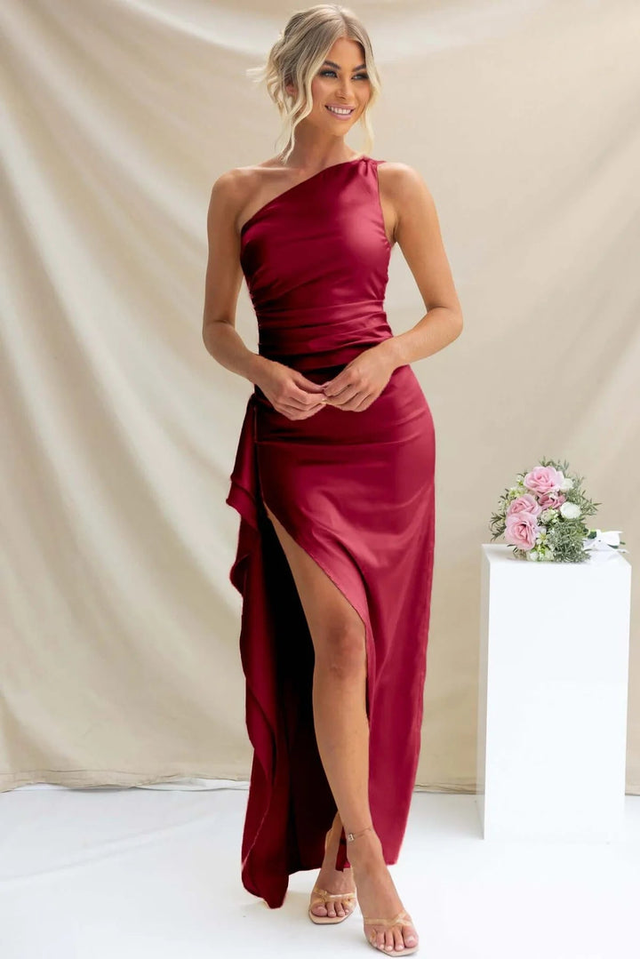 Damen One-Shoulder Maxikleid mit seitlichem Schlitz und elegantem Drapierungen Drune