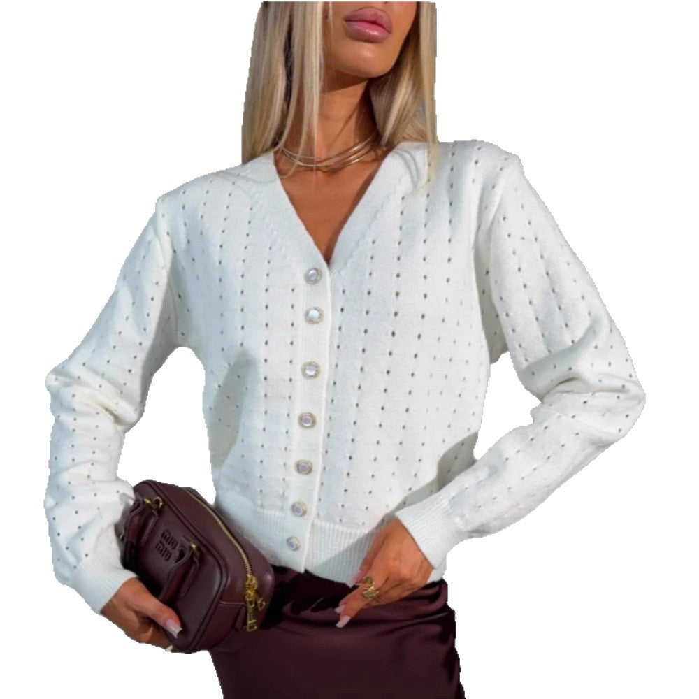 Damen Modische Strickjacke mit V-Ausschnitt und Knopfdetail Drune