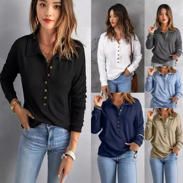 Damen Langarm-Waffelshirt mit Hemdkragen und Knopfleiste Drune