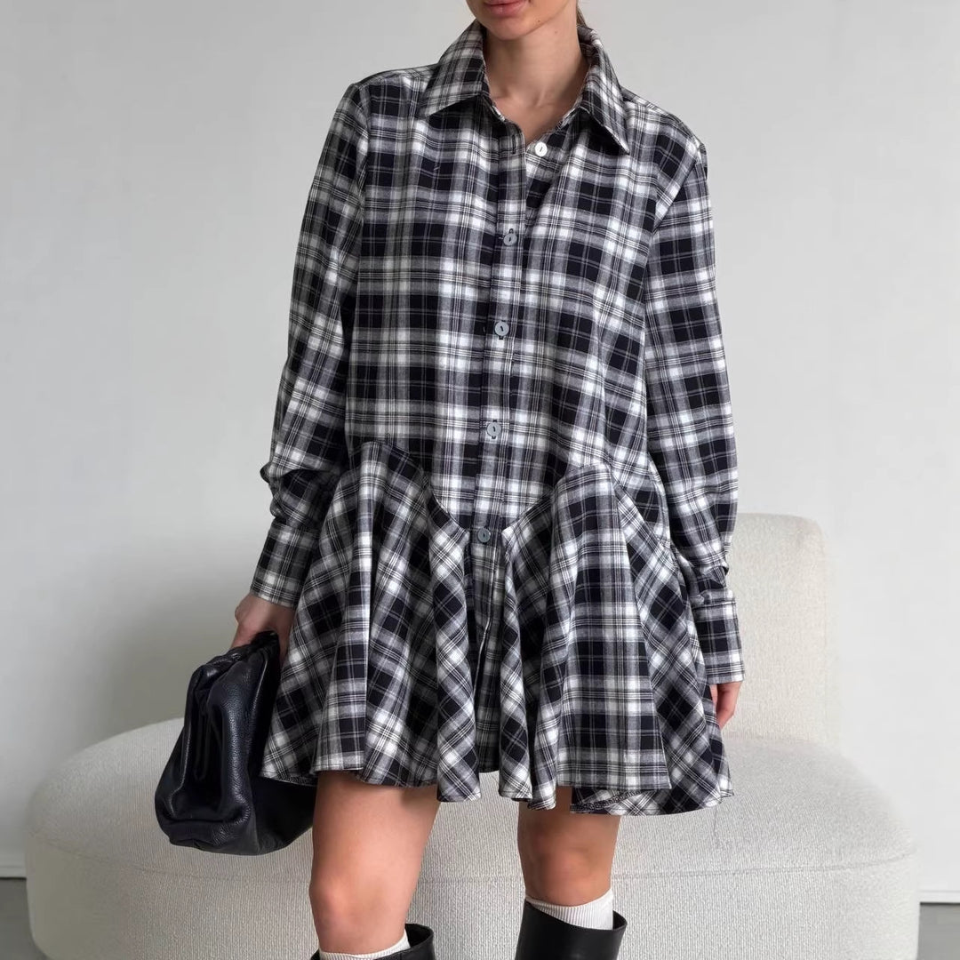 Damen Kariertes Hemdblusen-Minikleid mit ausgestellter Volant-Taille Drune