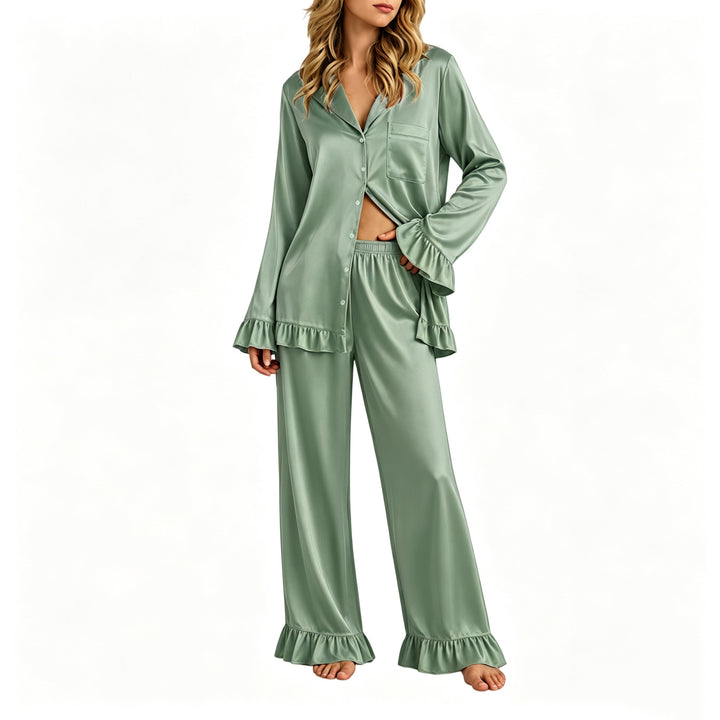Damen Satin-Pyjama-Set mit Knopfhemd, weiten Palazzo-Hosen und Rüschensaum Drune