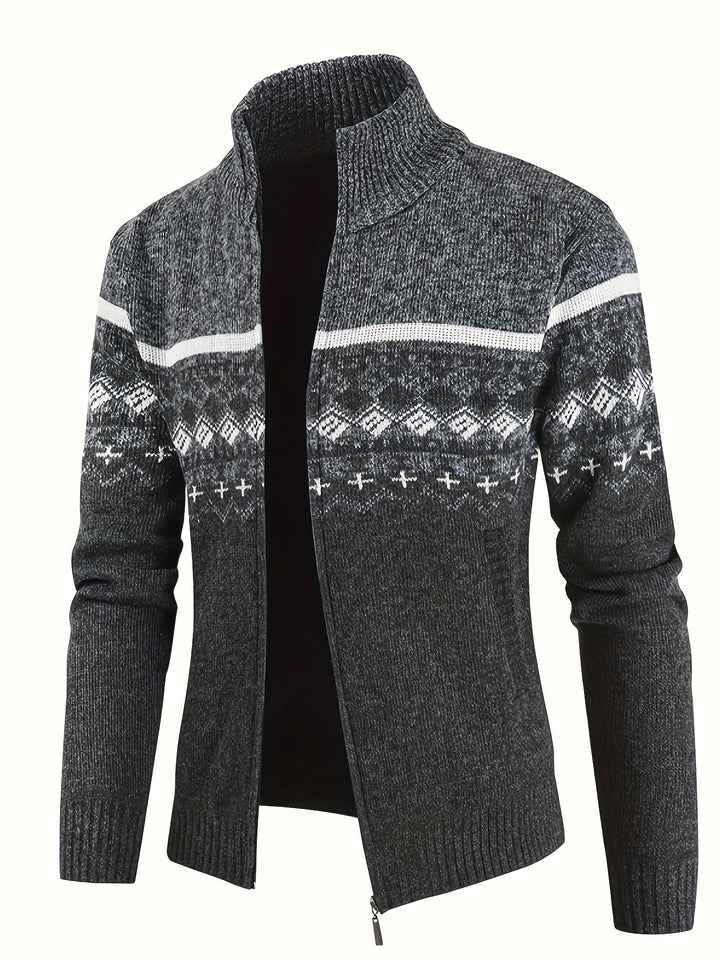 Herren Thermo-Strickjacke mit Stehkragen und Reißverschluss Norwegerstrick Fleece-gefüttert Drune