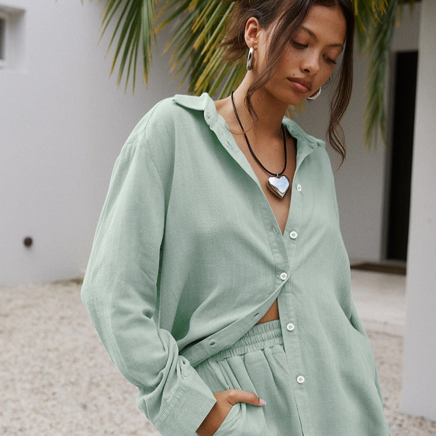 Damen lässiges Zweiteiliges Set mit luftiger Bluse und Shorts Drune