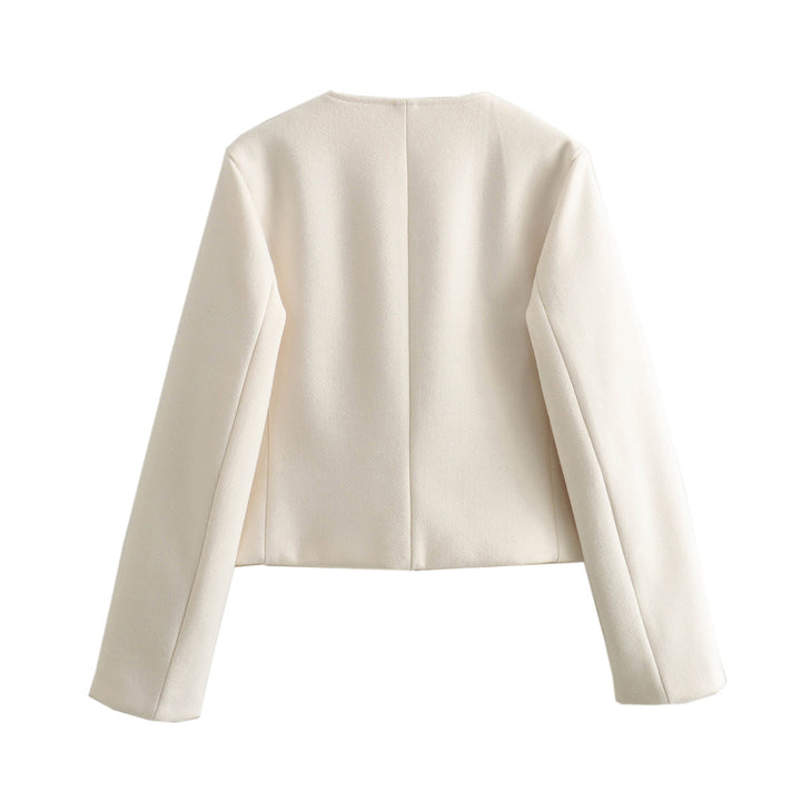 Damen nan kurz geschnittene Wolloptik-Jacke mit Rundhalsausschnitt und dekorativer Metallknopfleiste Drune