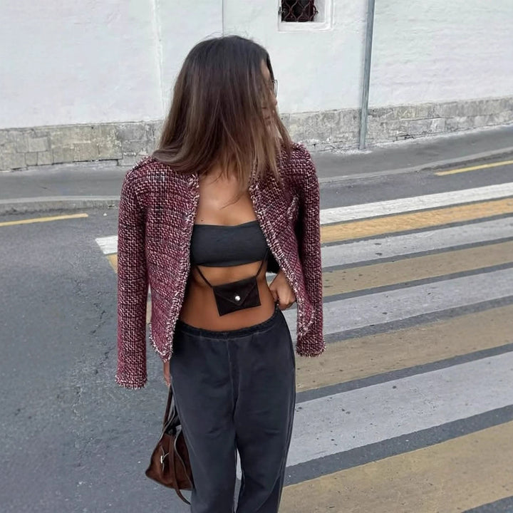 Damen Kurze Bouclé-Tweed-Jacke mit Fransenbesatz und Zierknöpfen Drune