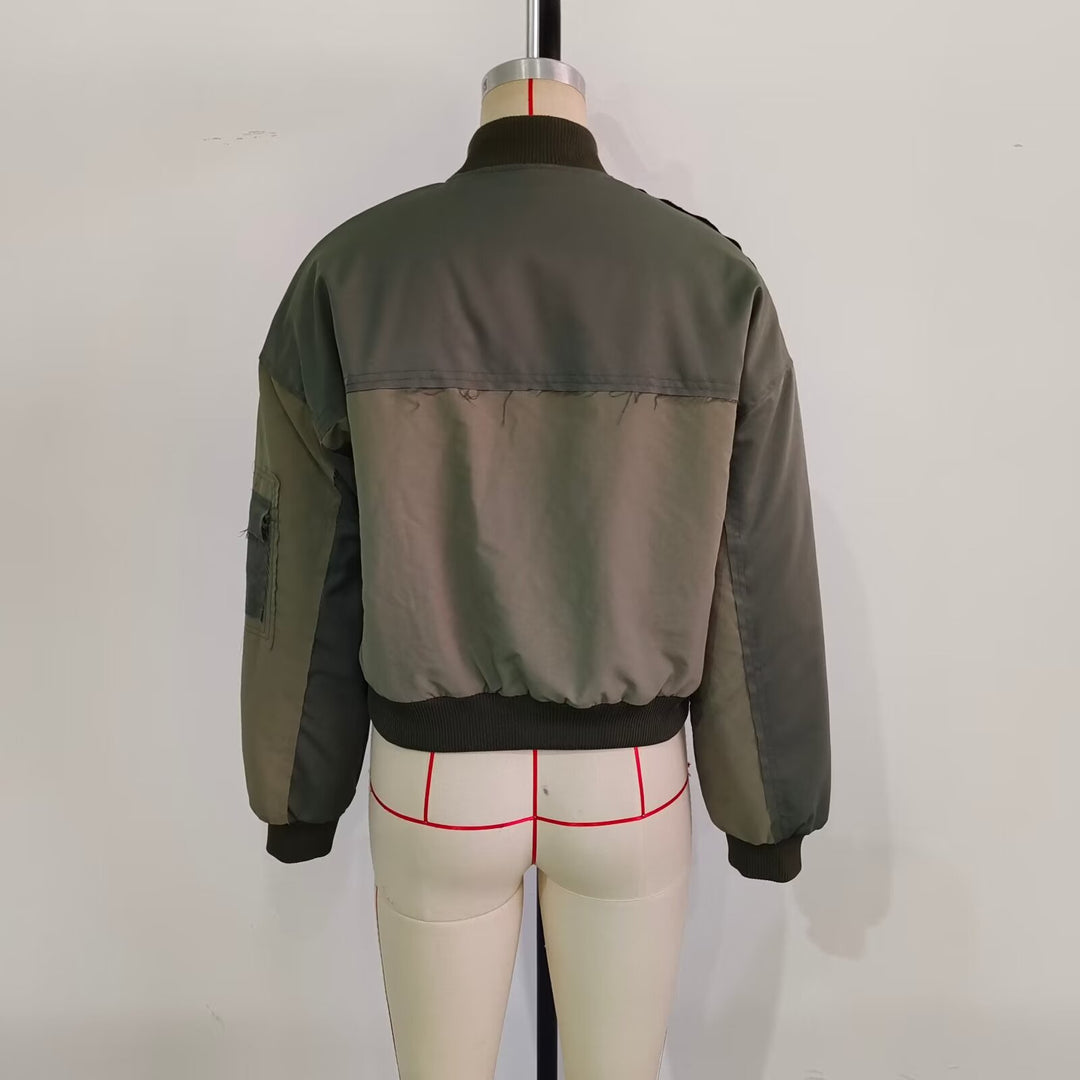 Damen Kurze Oversize-Bomberjacke mit Utility-Taschen und Rippbündchen Drune