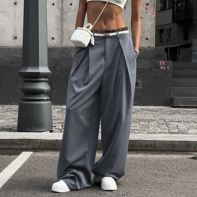 Damen weit geschnittene High-Waist-Hose mit tiefem Bund und eleganten Falten Drune