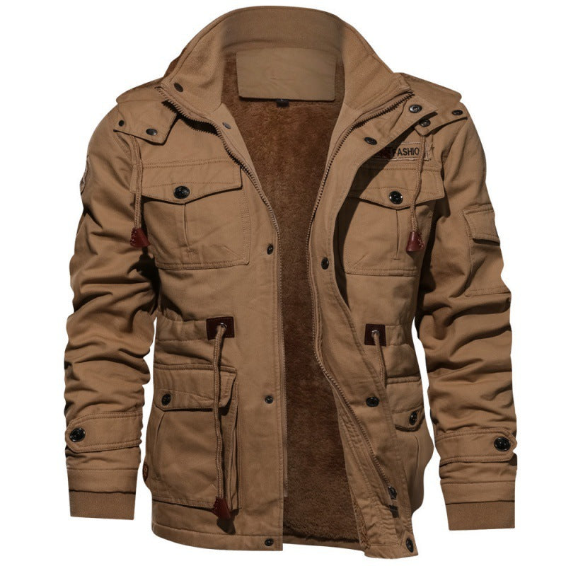 Herren nan gefütterte Canvas-Fieldjacke mit Teddyfutter, Kapuze und multifunktionalen Taschen Drune