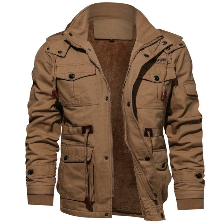 Herren nan gefütterte Canvas-Fieldjacke mit Teddyfutter, Kapuze und multifunktionalen Taschen Drune