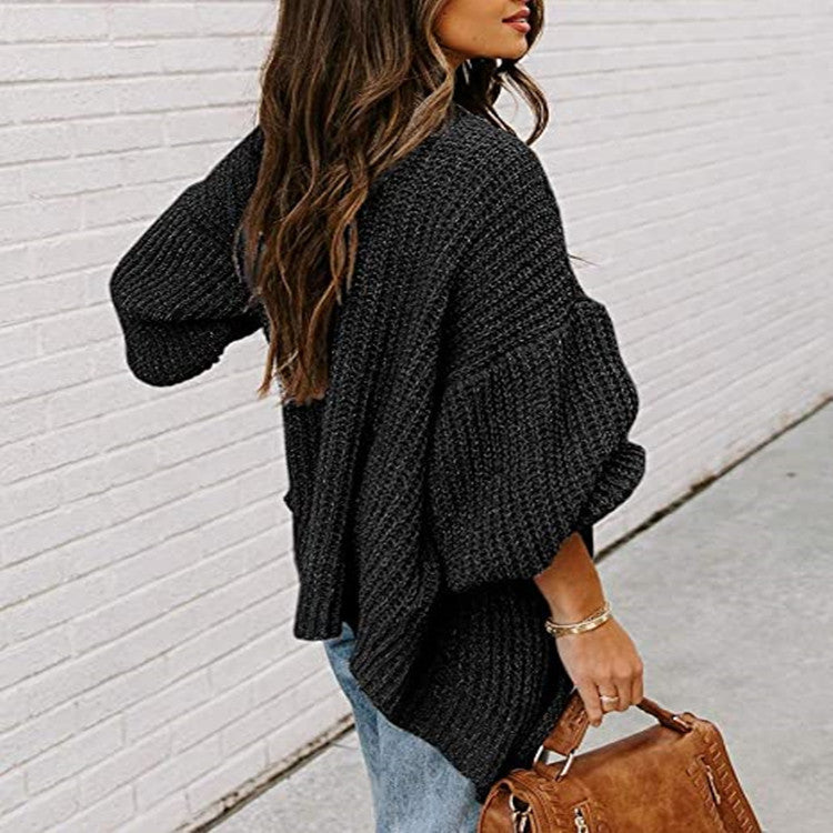 Damen Grobstrick-Pullover mit voluminösen Ärmeln und lässigem Schnitt Drune