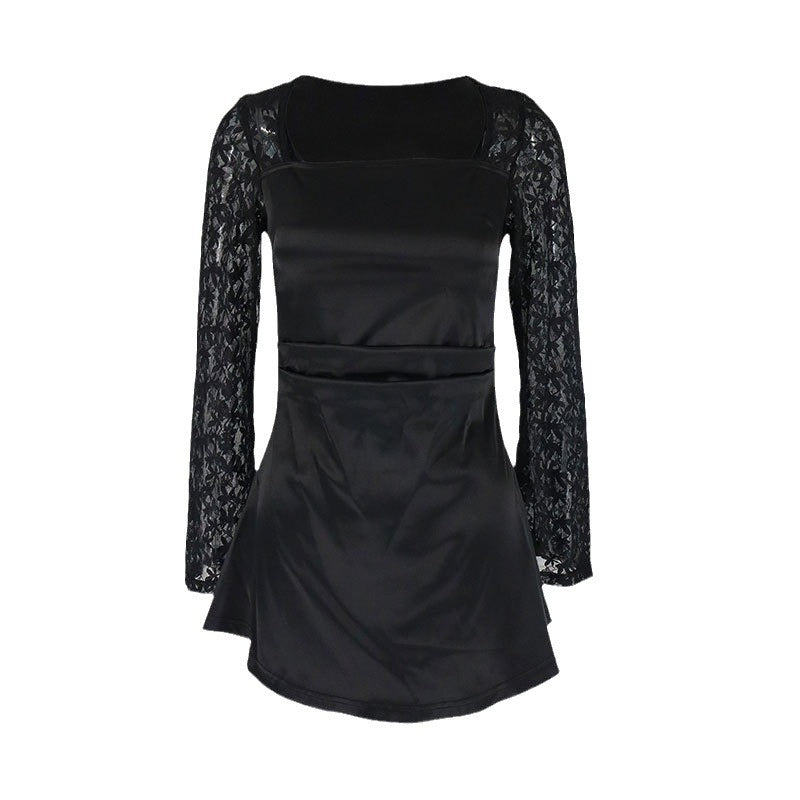Damen Elegantes Kleid mit Spitzenärmel und fließendem Rock Drune