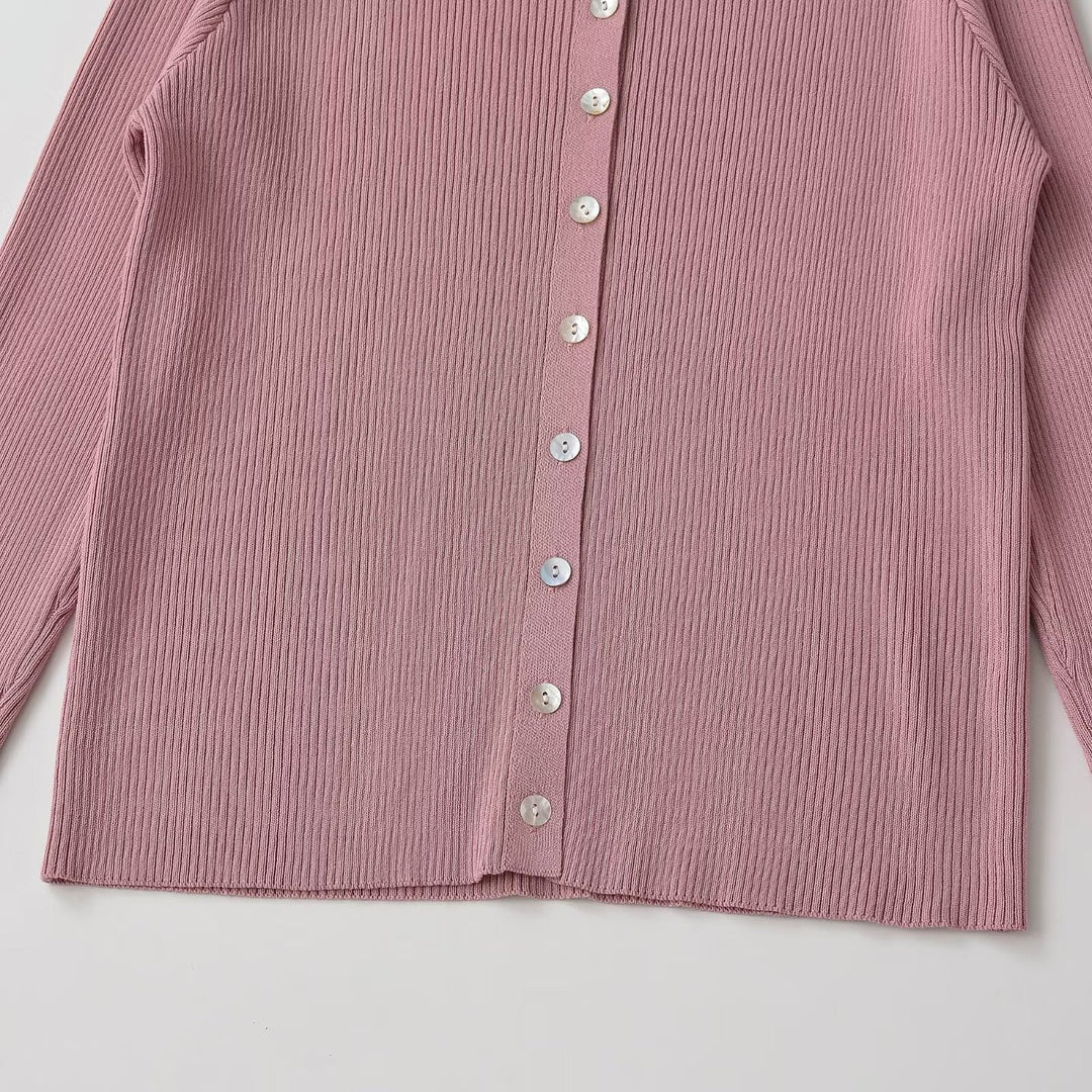 Damen Feinripp-Feinstrick-Cardigan mit durchgehender Knopfleiste und Rundhalsausschnitt Drune