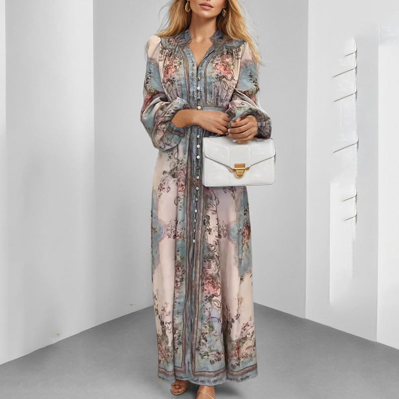 Damen Elegantes Maxikleid mit kunstvollem floralem Design und tailliertem Gürtel Drune
