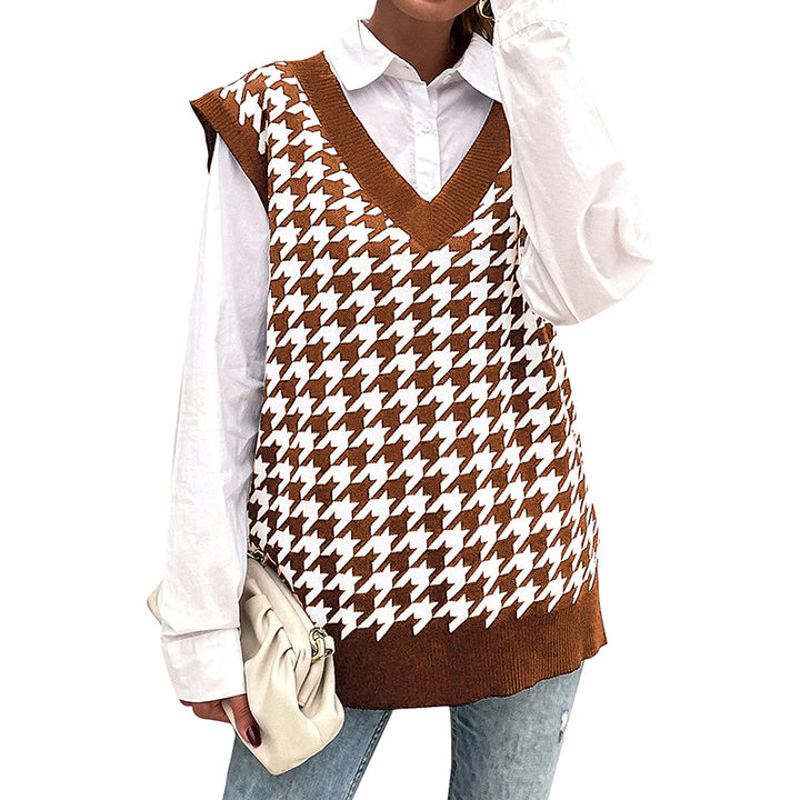Damen Oversize Strickweste mit Hahnentritt‑Muster und tiefem V‑Ausschnitt Drune