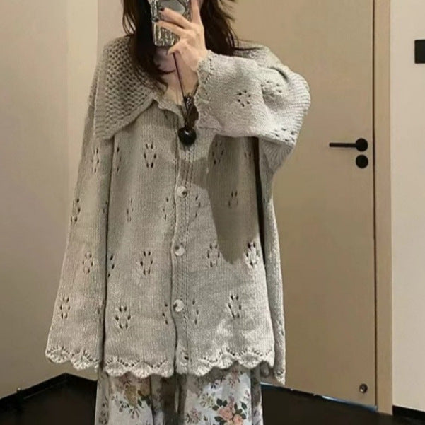 Damen Strickjacke mit floralem Lochmuster und großem Kragen Drune