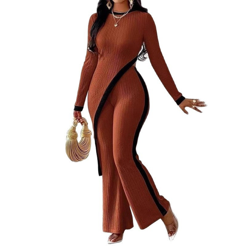 Damen nan eleganter Rippen-Jumpsuit mit asymmetrischer Wickeloptik, taillierendem Cut-Out und kontrastierenden Seitenstreifen Drune