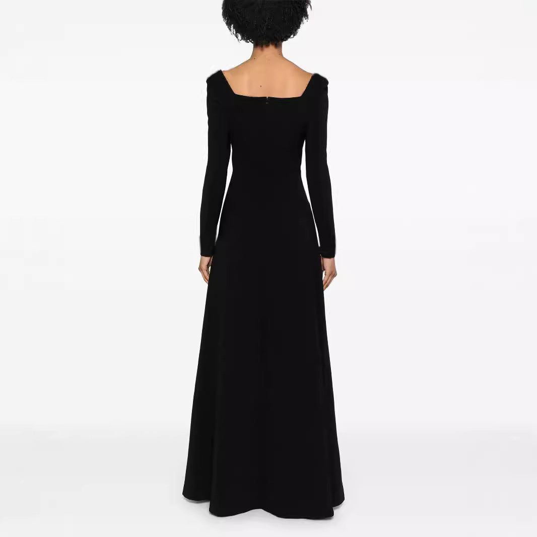 Damen Maxilanges Abendkleid im minimalistischen A-Linien-Schnitt mit quadratischem Ausschnitt und langen Ärmeln Drune