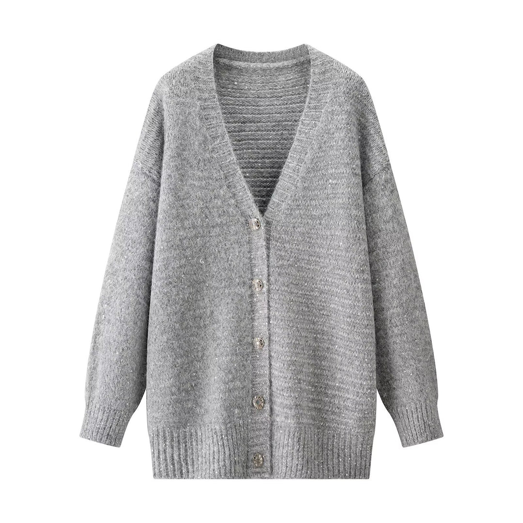 Damen Kuschelige Strickjacke mit V-Ausschnitt und Knopfverschluss Drune