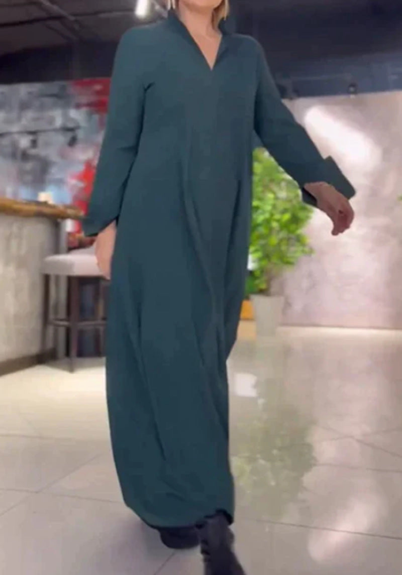 Damen Lange Maxi Kleid mit Stehkragen, Seitentaschen und Lockerem Fall Drune