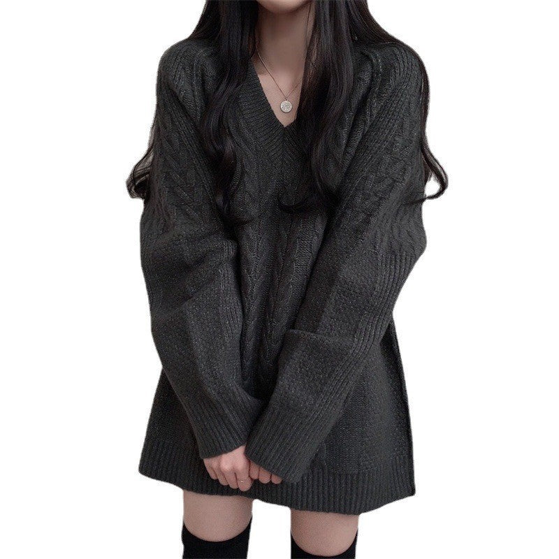 Damen Großer Strickpullover mit V-Ausschnitt und großem Zopfmuster Drune