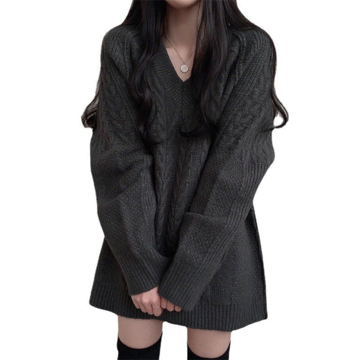 Damen Großer Strickpullover mit V-Ausschnitt und großem Zopfmuster Drune